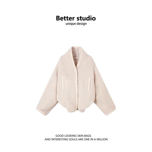 落肩羊羔毛外套女2024冬季新款慵懶風寬松設計感氣質洋氣時尚上衣