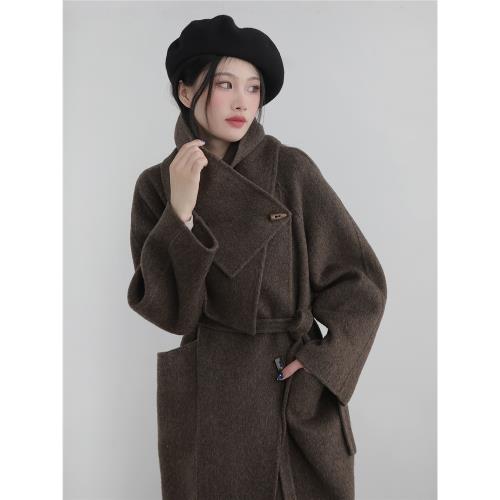 知意可拆卸圍脖領駱駝絨羊毛大衣女2024年秋冬高級質感雙面呢外套