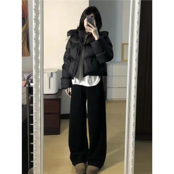 黑色羽絨棉服外套女秋冬2024新款高階感小個子連帽加厚短款麵包服