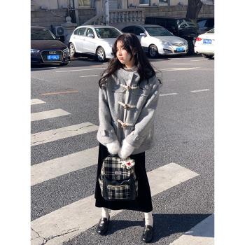 JC古著商店布里斯托英倫復古牛角扣羊毛大衣女秋冬連帽毛呢外套