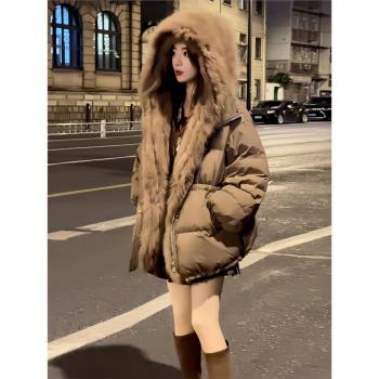 歐貨高階感大毛領連帽羽絨棉服女冬季新款加厚保暖仿羊羔毛外套潮