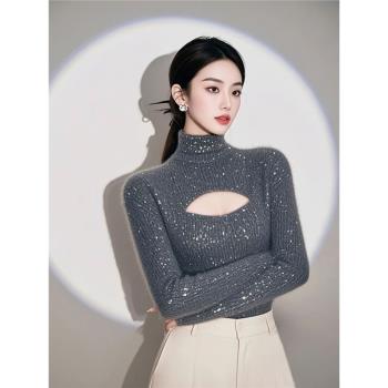 加厚設計感亮閃閃半高領長袖針織衫女秋冬修身內搭毛衣打底衫上衣