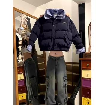 設計感假兩件格子拼接羽絨棉服女冬季2024新款加厚麵包服棉衣外套