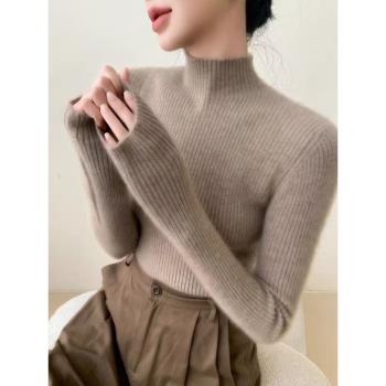 GAO端奢華~baby小山羊絨衫女半高領抽條針織衫內搭緊身打底衫毛衣