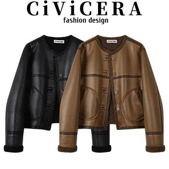 CIVICERA美拉德復古兩面穿羊羔毛外套女秋冬加絨加厚皮毛一體夾克