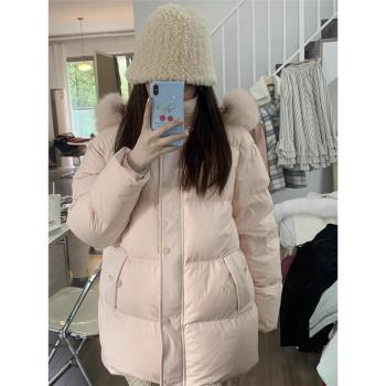 帶毛領加厚羽絨服女冬季軟糯甜美粉色小個子麵包服白鴨絨連帽外套