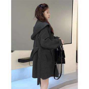 灰色短款雙面羊毛呢子大衣女2024冬季小個子寬松系帶連帽毛呢外套