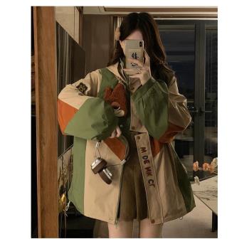 美式復古撞色沖鋒衣外套女春秋戶外登山露營機能工裝連帽夾克風衣