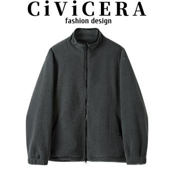 CIVICERA設計感雙拉鏈立領搖粒絨外套女秋冬慵懶風寬松羊羔毛上衣