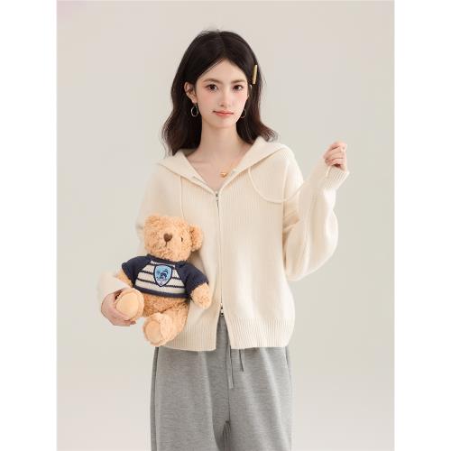 杏色短款連帽毛衣開衫外套女春秋新款通勤小個子針織上衣女慵懶風