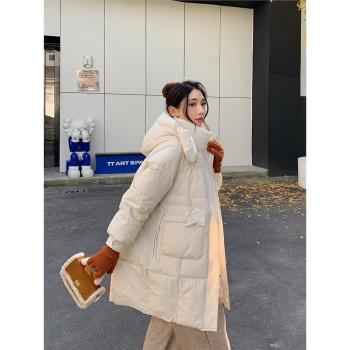 2023秋冬季新款牛角扣米白色羽絨服女中長款加厚保暖90白鴨絨外套