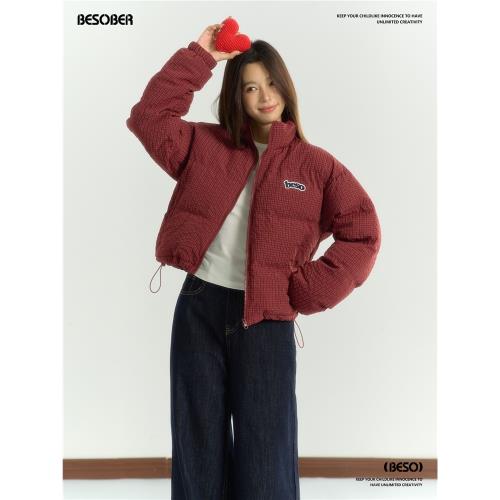 BESOBER 紅色格紋短款棉服棉衣面包服女冬季加厚保暖立領休閑外套