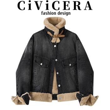 CIVICERA獨特別致仿水貂絨機車牛仔外套女秋冬加絨加厚夾克派克服