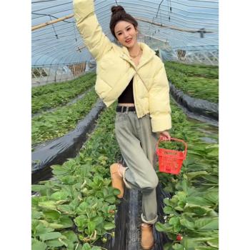 奶黃色短款羽絨棉服女2024冬季新款小個子立領寬松加厚外套麵包服