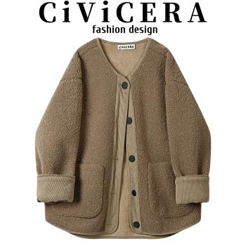 CIVICERA慵懶風中長款羊羔毛大衣女秋冬季小個子寬松皮毛一體外套