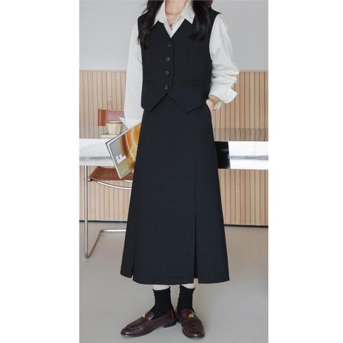 老錢風黑色西裝馬甲套裝女2023秋小個子高級感中長款半身裙兩件套