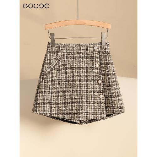 小香風格子短褲褲裙女秋冬季高腰顯瘦闊腿褲a字半身裙粗花呢裙褲