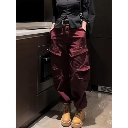 安可拉紅高腰休閑工裝褲女2026年春夏新款大碼寬松顯瘦百搭彎刀褲