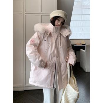 大碼女裝粉色工裝派克羽絨棉服女胖mm冬季新款加厚學院風減齡外套
