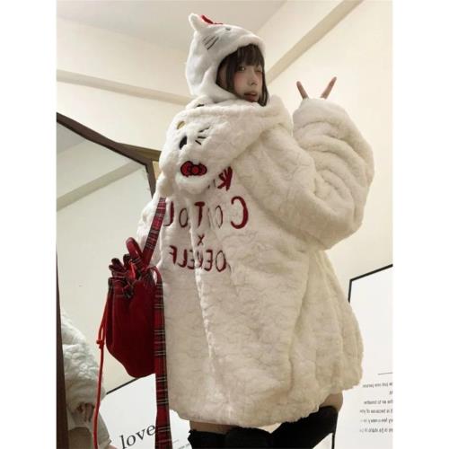 可愛kitty貓超厚羊羔毛外套女冬加絨寬松韓系日系軟妹毛茸茸棉服