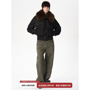 SMIIILE黑色復古仿牛仔毛領可拆卸寬松短款加厚夾克外套女冬季