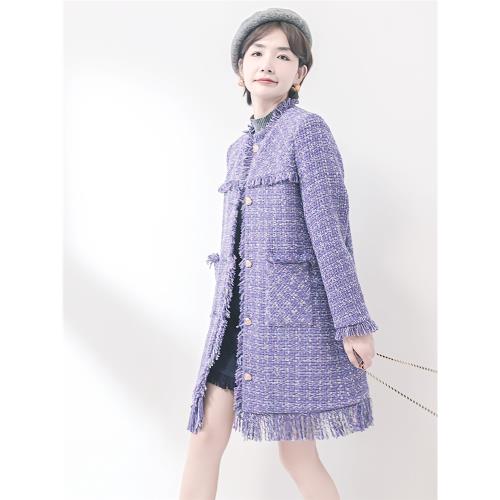紫色法式小香風外套女春秋2026新款減齡流蘇氣質中長款格子大衣