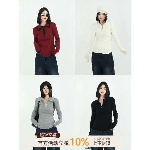 吳童童 純色翻領長袖針織打底衫女秋冬韓系修身收腰顯瘦內搭上衣