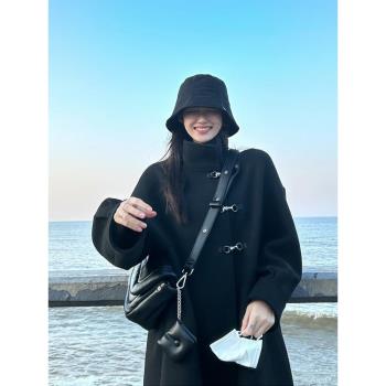 黑色呢子大衣女2024年秋冬季新款毛呢外套小個子韓系中長款赫本風