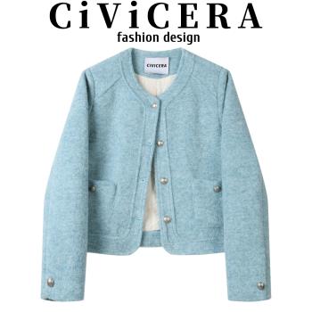 CIVICERA高階感復古氣質夾棉小香風短外套女秋冬加厚短款毛呢夾克