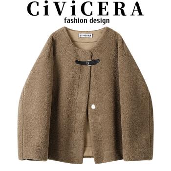 CIVICERA慵懶風寬松皮毛一體羊羔毛短外套女冬小個子寬松夾克上衣