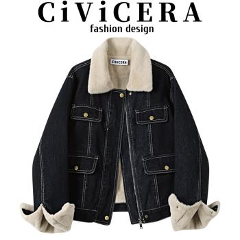 CIVICERA小個子短款加絨加厚牛仔短外套女秋冬慵懶風工裝夾克上衣