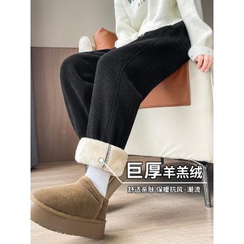 加絨運動褲女秋冬寬松束腳羊羔絨衛褲加厚香蕉燈芯絨休閑防風褲子