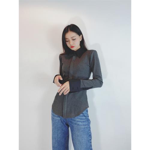 小眾設計感深灰色撞色拼接顯瘦修身簡約彈力單排扣長袖襯衫上衣女