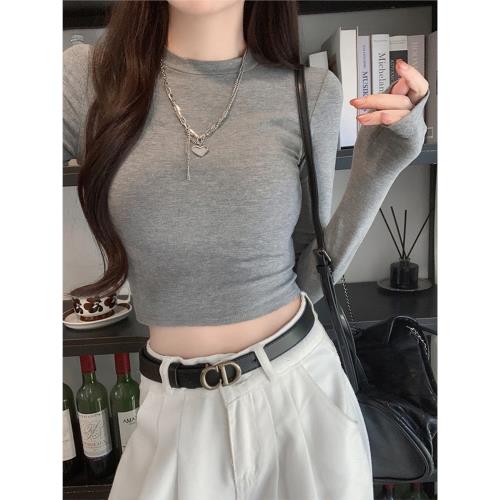 美式辣妹小個子高腰短款純色圓領緊身長袖T恤女正肩修身打底上衣