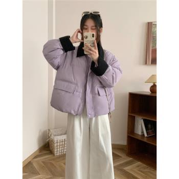 2024冬裝新款韓版翻領拼接小個子短款羽絨服女高階感加厚羽絨外套