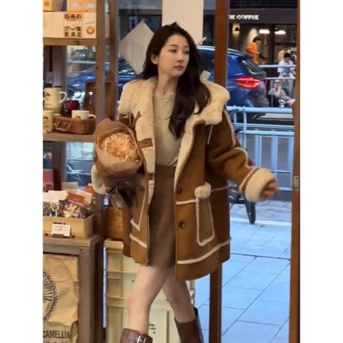 皮毛一體羊羔毛外套女冬季寬松加絨加厚保暖連帽棉服環保皮草大衣