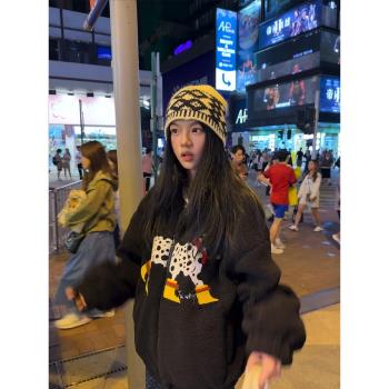 韓系斑點狗羊羔毛黑色外套女秋冬2024新款寬松百搭加厚搖粒絨上衣