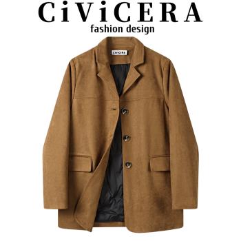 CIVICERA美拉德復古仿皮絨西裝外套女秋冬中長款羽絨內膽麂皮大衣