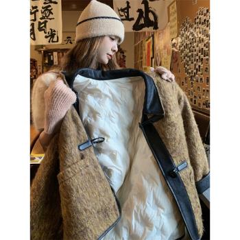 pu皮拼接牛仔羽絨服內膽毛呢外套女秋冬學院風韓系呢大衣短款加厚