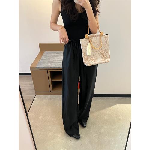 桑蠶絲香云紗60姆米皮子薯片闊腿褲女2024秋裝韓版時髦百搭長褲