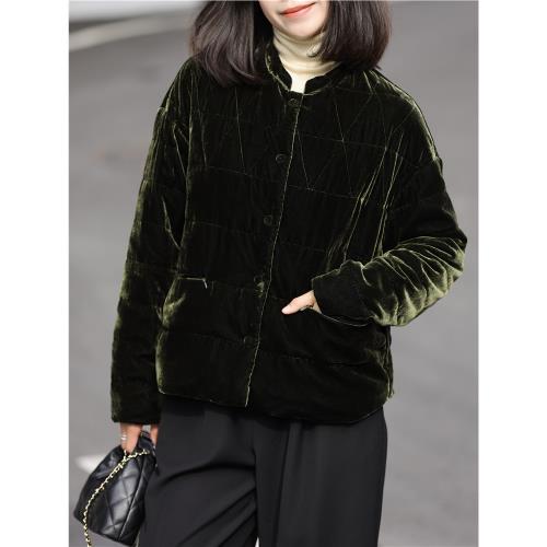 真絲絲絨鵝絨服2025冬季新款新中式輕薄保暖短款立領百搭外套女