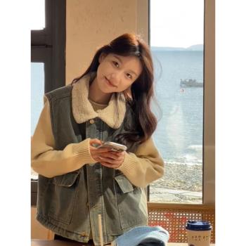 羊羔毛牛仔馬甲外套女秋冬寬松小個子小眾設計感超好看坎肩夾克女
