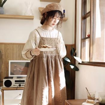 文藝棉麻日系蕾絲森女寬松吊帶裙