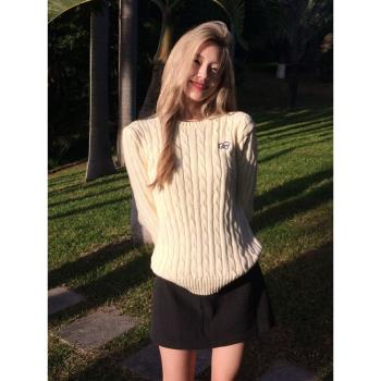 美式復古毛衣女春季新款麻花學院風針織衫圓領長袖修身顯瘦上衣潮