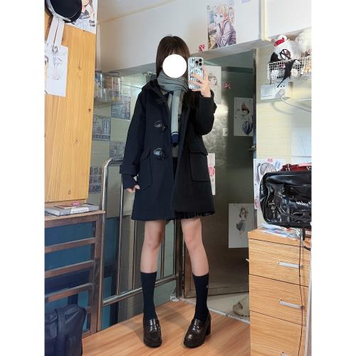 JK校供感牛角扣大衣女秋冬日系厚黑美學院風小個子夾棉外套加厚款