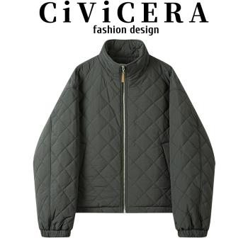 CIVICERA韓系復古立領百搭棉衣短外套女秋冬小個子菱形格寬松棉服
