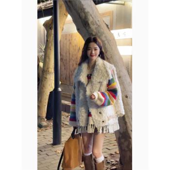 韓系穿搭彩色條紋流蘇針織毛衣女秋冬時尚氣質毛絨絨拉鏈外套套裝