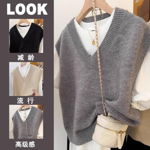 大牌外貿女裝專柜撤回疊穿V領針織馬甲女秋季復古學院風外搭毛衣