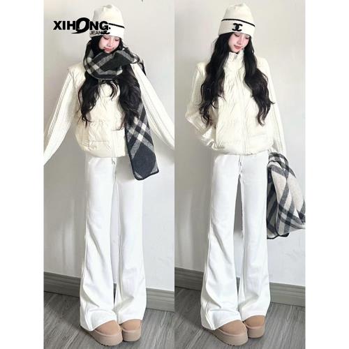 白色加絨微喇叭休閑褲女秋冬款小個子高腰顯瘦垂感拖地馬蹄微喇褲