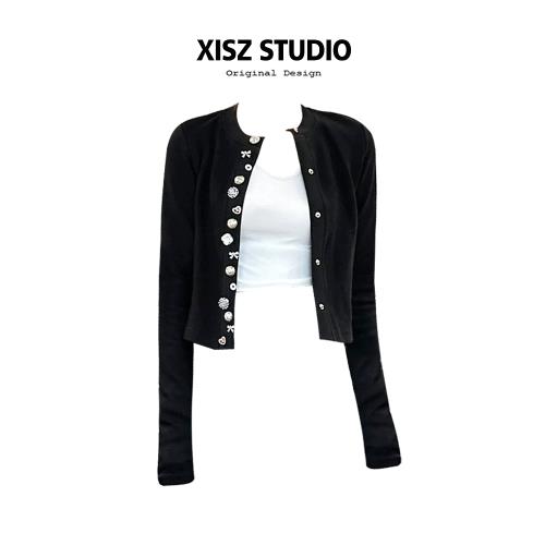 重工紐扣小香風針織外套女春秋修身氣質短款開衫高級感黑色毛衣